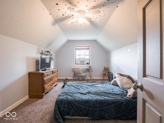 bedroom with vaulted ceiling, baseboards, light carpet, a ceiling fan, and cooling unit