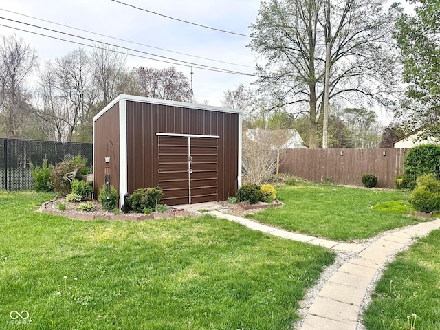 view of outdoor structure with an outbuilding and a fenced backyard