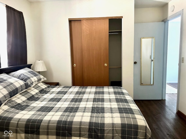 bedroom with dark wood-type flooring and a closet