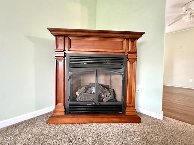 room details with baseboards, carpet, and a glass covered fireplace