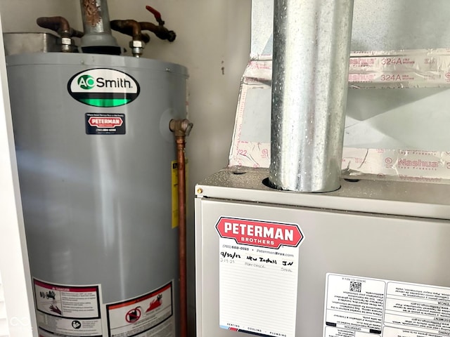 utility room with gas water heater and heating unit