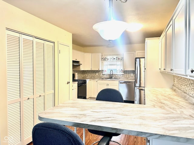 kitchen with a sink, under cabinet range hood, stainless steel appliances, decorative backsplash, and light countertops