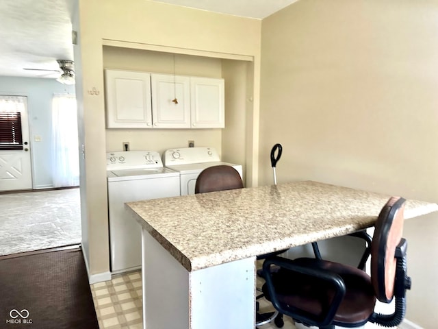clothes washing area featuring light floors, cabinet space, ceiling fan, baseboards, and washer and clothes dryer