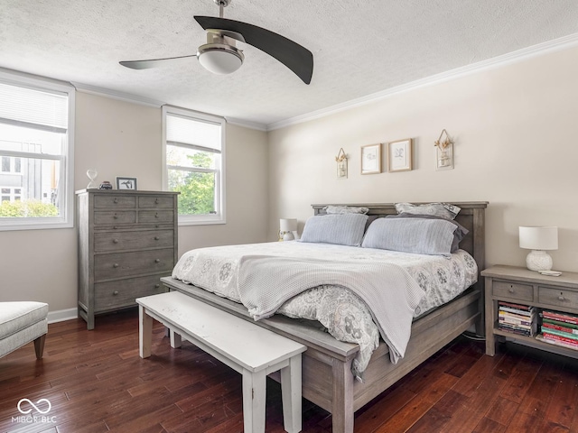 bedroom featuring a textured ceiling, ornamental molding, ceiling fan, and hardwood / wood-style flooring