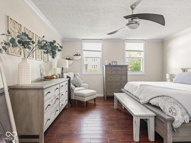 bedroom featuring crown molding, dark wood-style flooring, a textured ceiling, a ceiling fan, and baseboards