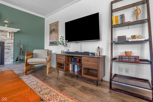 living room with wood finished floors, a stone fireplace, baseboards, and ornamental molding