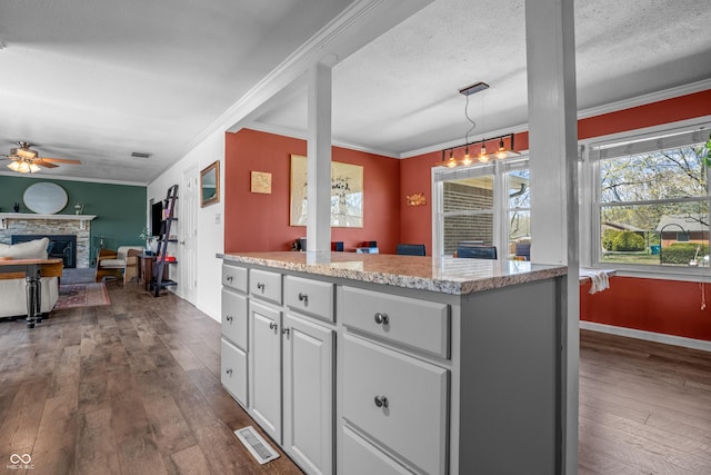 kitchen featuring a ceiling fan, open floor plan, dark wood finished floors, ornamental molding, and visible vents