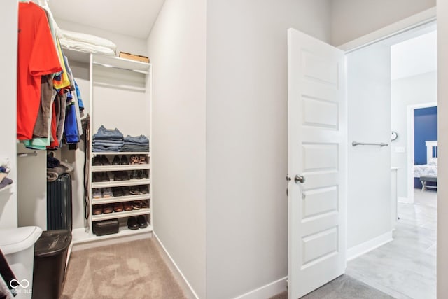 spacious closet featuring radiator heating unit and carpet floors