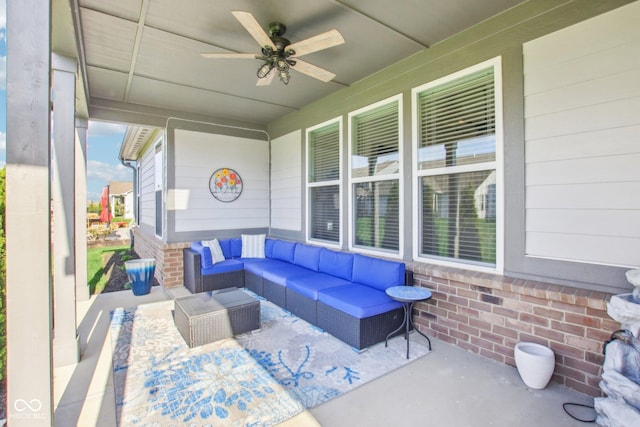view of patio / terrace featuring a porch, outdoor lounge area, and ceiling fan