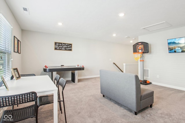 recreation room with recessed lighting, carpet flooring, baseboards, and visible vents