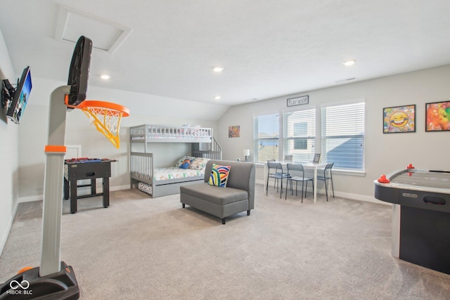 carpeted bedroom with recessed lighting and baseboards