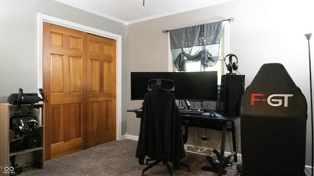 home office with baseboards, ornamental molding, and carpet flooring