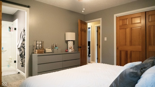 bedroom featuring a closet, wood finished floors, and connected bathroom