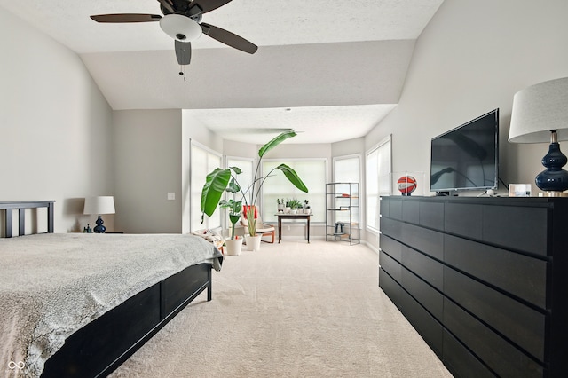 carpeted bedroom with lofted ceiling
