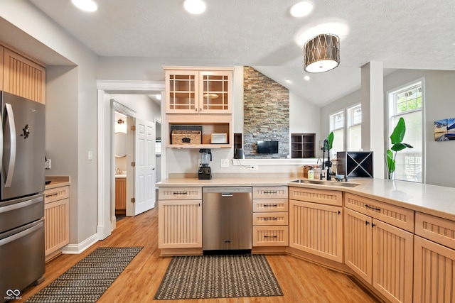 kitchen featuring a sink, light countertops, light wood-style floors, and stainless steel appliances
