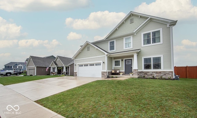 3235 Myrtle Dr, Lapel, IN 46051 - craftsman house with stone siding, a front yard, concrete driveway, and fence