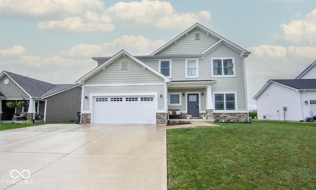 3235 Myrtle Dr, Lapel, IN 46051 - craftsman house featuring a garage, driveway, stone siding, and a front lawn