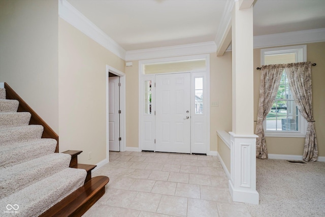 6345 Canak Dr, Avon, IN 46123 - entrance foyer with stairway, light tile patterned flooring, baseboards, and crown molding