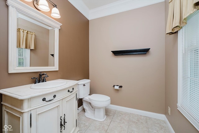 6345 Canak Dr, Avon, IN 46123 - half bath featuring baseboards, vanity, toilet, crown molding, and tile patterned floors