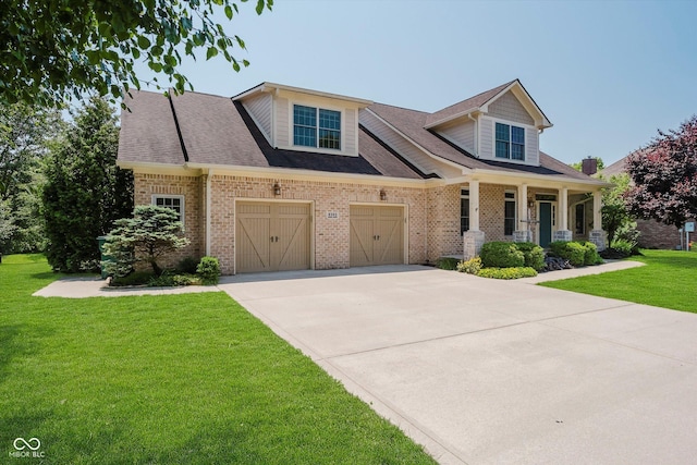 6345 Canak Dr, Avon, IN 46123 - craftsman-style house featuring concrete driveway, brick siding, a front lawn, a porch, and a garage