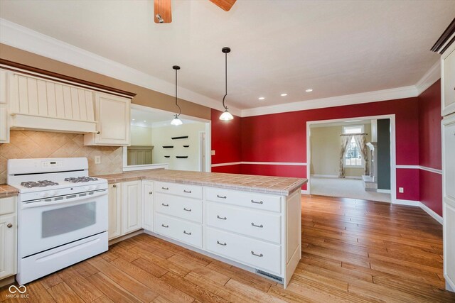 6345 Canak Dr, Avon, IN 46123 - kitchen with white gas range oven, a peninsula, ornamental molding, tasteful backsplash, and light wood finished floors