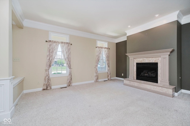 6345 Canak Dr, Avon, IN 46123 - unfurnished living room with ornamental molding, carpet flooring, a high end fireplace, and baseboards