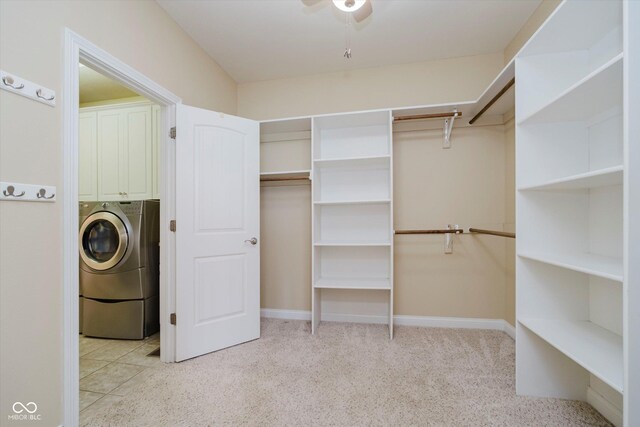 6345 Canak Dr, Avon, IN 46123 - walk in closet with washer / clothes dryer, light colored carpet, and a ceiling fan