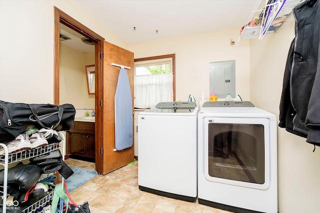 clothes washing area featuring electric panel, separate washer and dryer, laundry area, and visible vents