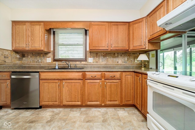 kitchen with exhaust hood, dishwasher, white electric range, a sink, and tasteful backsplash