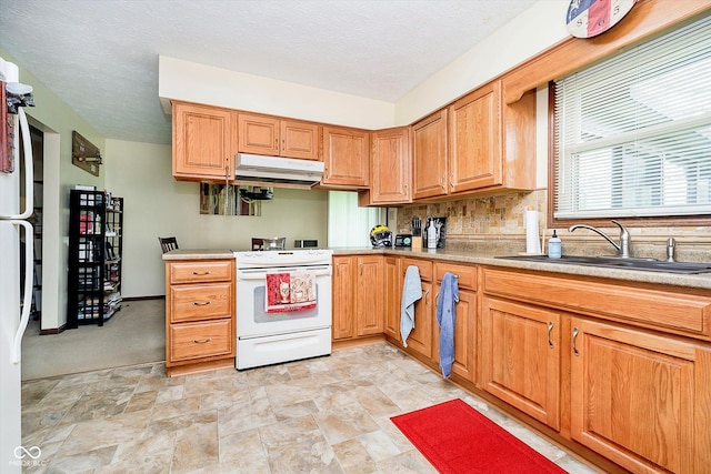 kitchen featuring stone finish floor, under cabinet range hood, white appliances, a sink, and light countertops