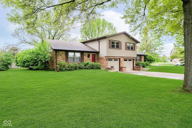 tri-level home featuring driveway, brick siding, an attached garage, and a front yard