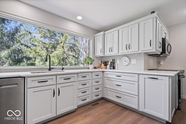 kitchen featuring light countertops, white cabinets, a sink, and dishwasher