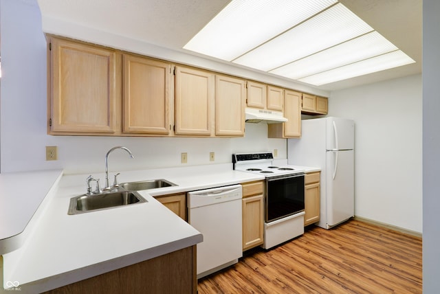 5839 Quail Run Dr, Indianapolis, IN 46237 - kitchen with light brown cabinets, white appliances, light wood-type flooring, under cabinet range hood, and a sink