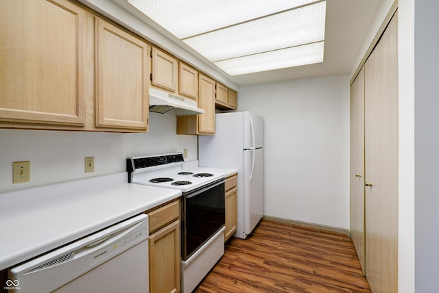 5839 Quail Run Dr, Indianapolis, IN 46237 - kitchen with light brown cabinets, light countertops, white appliances, wood finished floors, and under cabinet range hood