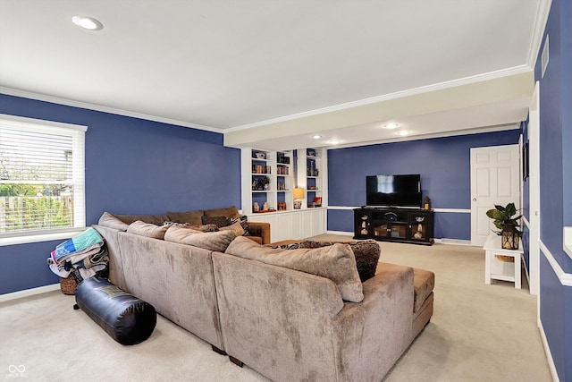 12669 Brookshire Pkwy, Carmel, IN 46033 - living area with crown molding, baseboards, light carpet, and built in shelves