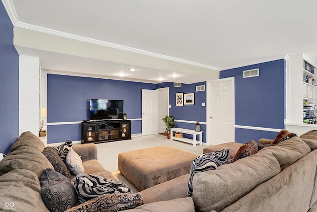 12669 Brookshire Pkwy, Carmel, IN 46033 - carpeted living room featuring crown molding, baseboards, recessed lighting, and visible vents