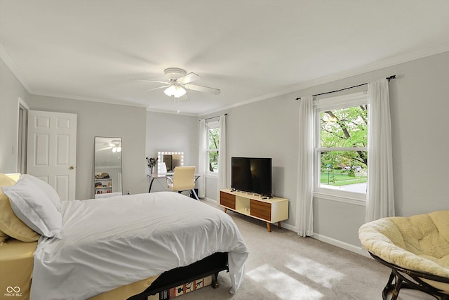 12669 Brookshire Pkwy, Carmel, IN 46033 - bedroom with baseboards, light colored carpet, ornamental molding, and ceiling fan