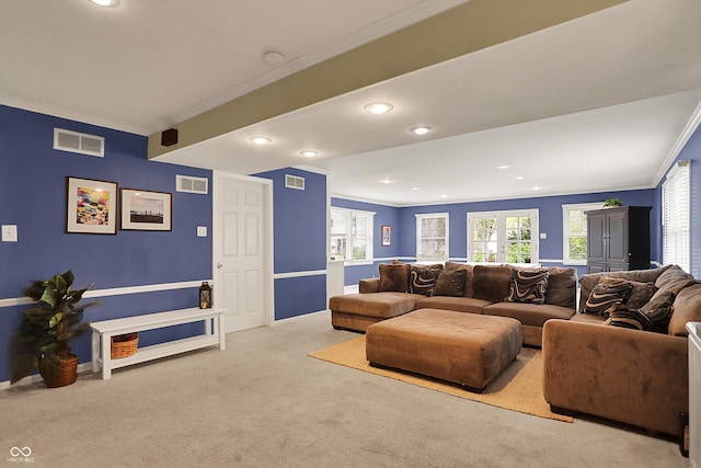 12669 Brookshire Pkwy, Carmel, IN 46033 - carpeted living room with visible vents, recessed lighting, baseboards, and crown molding