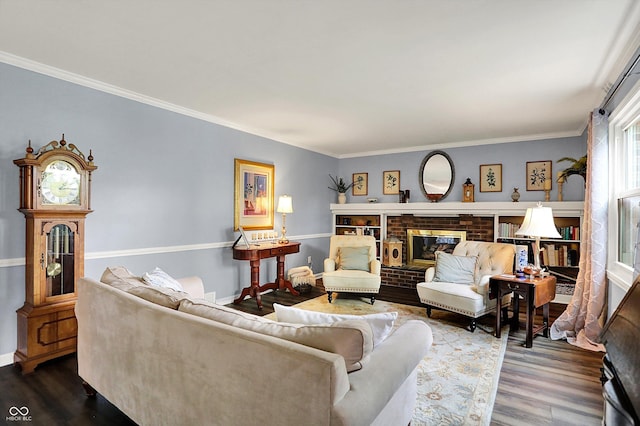12669 Brookshire Pkwy, Carmel, IN 46033 - living area featuring crown molding, baseboards, a fireplace, and wood finished floors