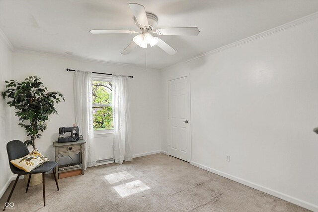 12669 Brookshire Pkwy, Carmel, IN 46033 - living area featuring baseboards, ornamental molding, carpet, and ceiling fan