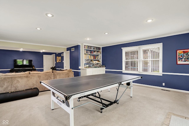 12669 Brookshire Pkwy, Carmel, IN 46033 - game room featuring visible vents, ornamental molding, light carpet, baseboards, and recessed lighting