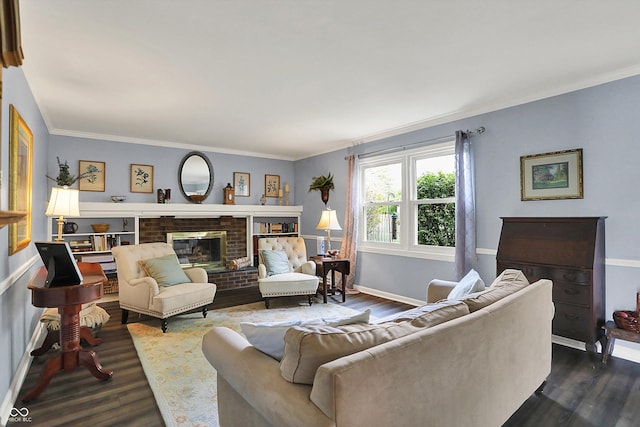 12669 Brookshire Pkwy, Carmel, IN 46033 - living room with a fireplace, baseboards, crown molding, and dark wood-type flooring
