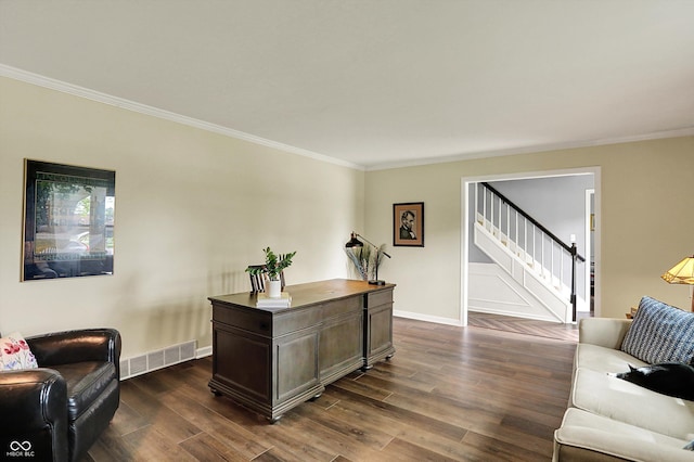 12669 Brookshire Pkwy, Carmel, IN 46033 - office area featuring crown molding, baseboards, visible vents, and dark wood-style floors