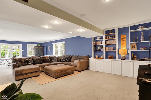 12669 Brookshire Pkwy, Carmel, IN 46033 - living room with crown molding, light carpet, and recessed lighting