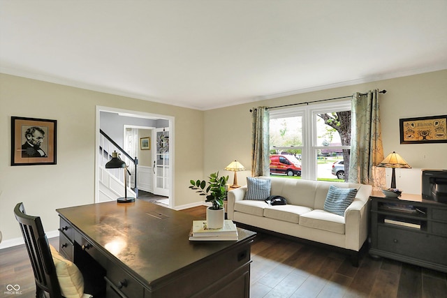 12669 Brookshire Pkwy, Carmel, IN 46033 - living area featuring baseboards, dark wood-style floors, ornamental molding, and stairway
