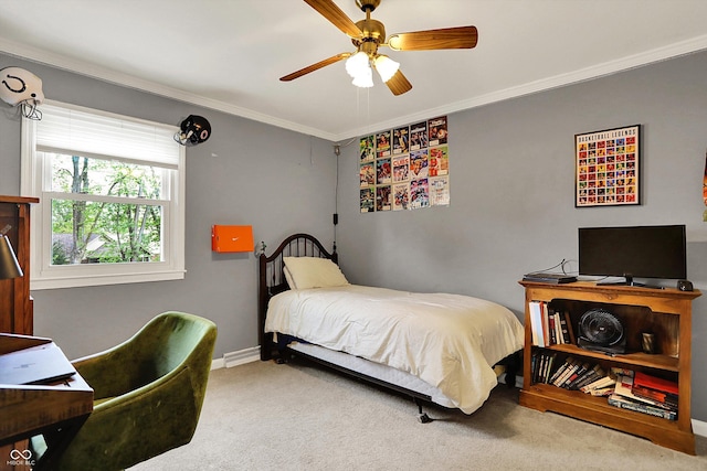 12669 Brookshire Pkwy, Carmel, IN 46033 - bedroom with ceiling fan, baseboard heating, baseboards, ornamental molding, and carpet flooring