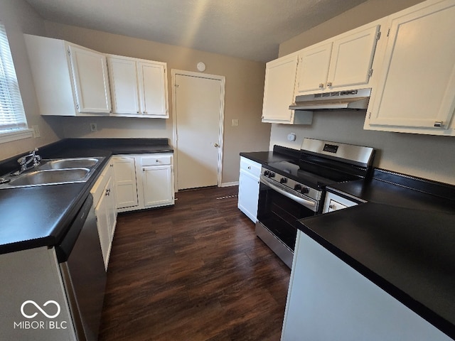 9118 Lansburgh Ct, Indianapolis, IN 46234 - kitchen with dark wood finished floors, a sink, appliances with stainless steel finishes, white cabinets, and under cabinet range hood