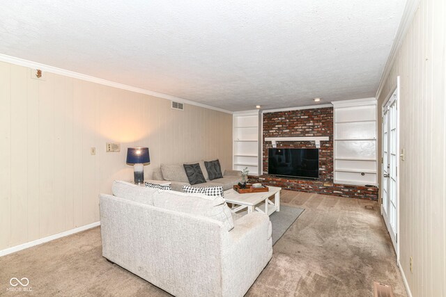 7140 Avalon Trail Dr, Indianapolis, IN 46250 - carpeted living room featuring crown molding, a fireplace, a textured ceiling, and baseboards
