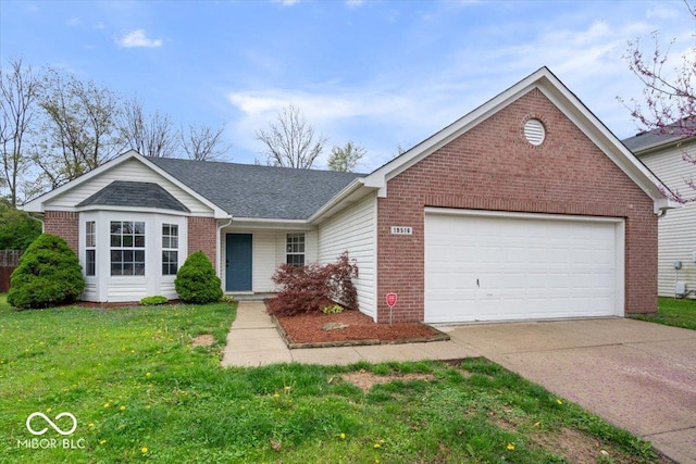 ranch-style house featuring brick siding, a shingled roof, a front yard, concrete driveway, and an attached garage