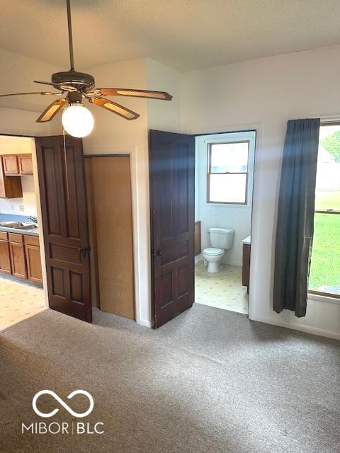 carpeted bedroom with ensuite bath, a closet, and a sink